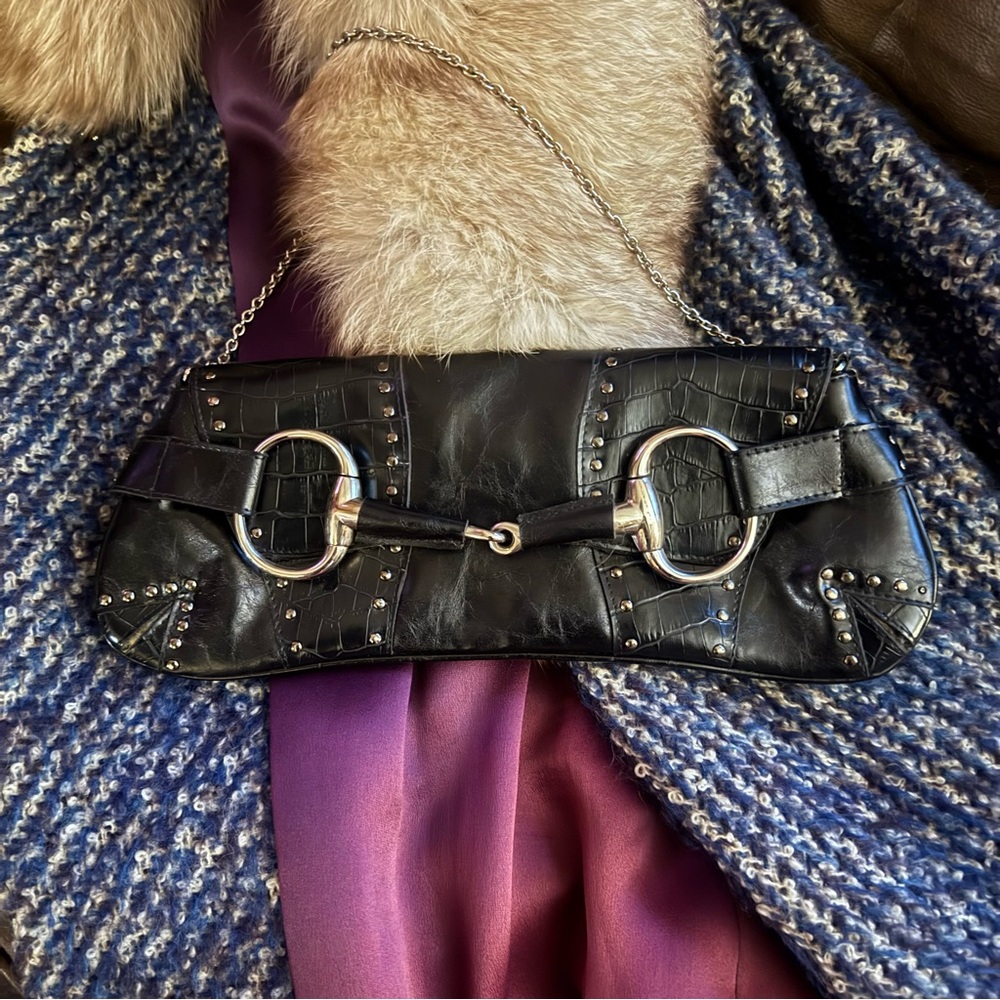 VINTAGE Sabina “Gucci”like Black Leather studded Clutch with Silver Horse-bit